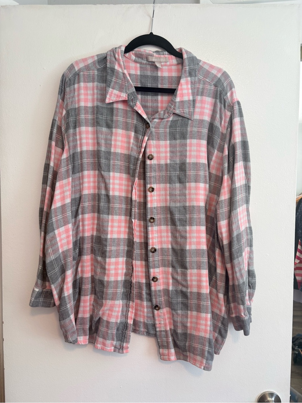 Woman Within Pink and Gray Plaid Flannel Button-Up Shirt - size 3X - 30/32